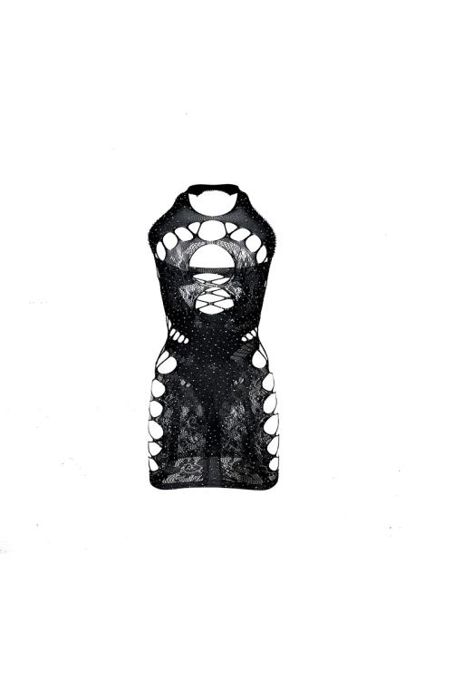 Plus Size Mesh Bodystocking -Sheer Dress With Rhinestones